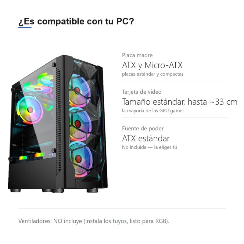 Gabinete PC Gamer Torre ATX Vidrio Templado y Frente de Malla