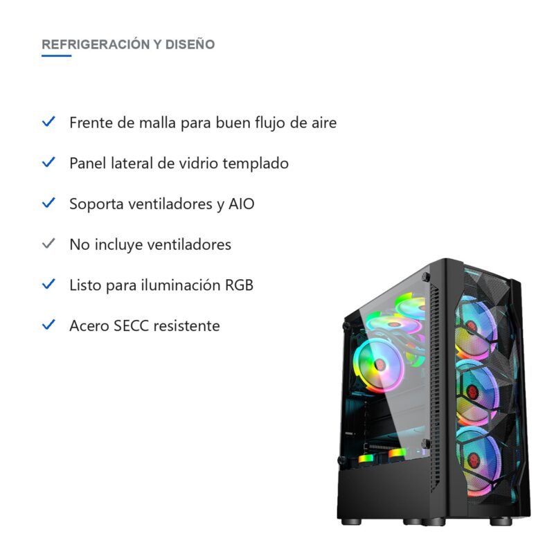 Gabinete PC Gamer Torre ATX Vidrio Templado y Frente de Malla