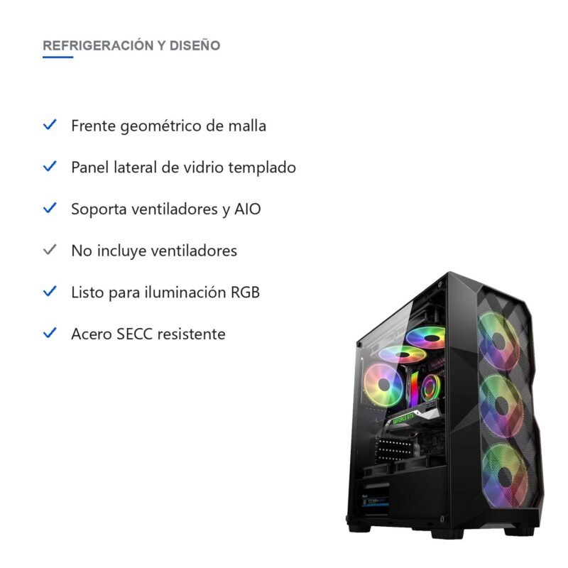 Gabinete PC Gamer Torre ATX Frente Geométrico y Vidrio Templado