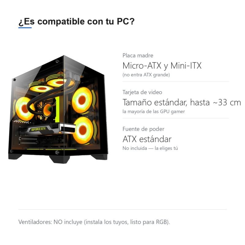 Gabinete PC Gamer Panorámico Mini Torre de Vidrio Templado