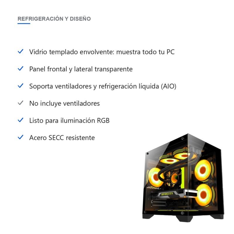 Gabinete PC Gamer Panorámico Mini Torre de Vidrio Templado