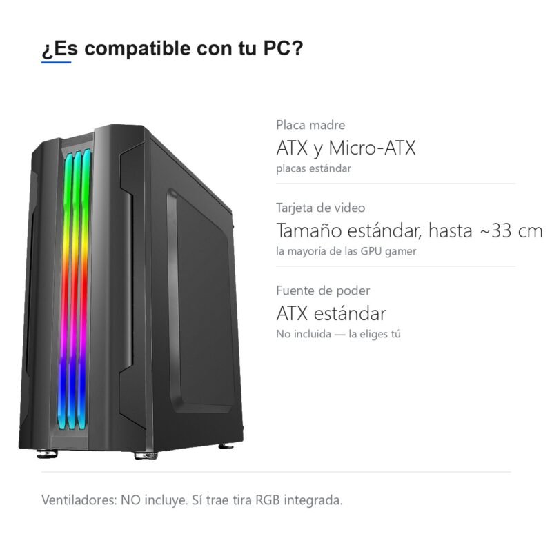 Gabinete PC Gamer Torre ATX con Tira RGB y Panel Transparente