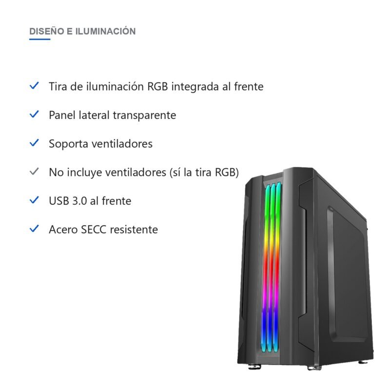Gabinete PC Gamer Torre ATX con Tira RGB y Panel Transparente