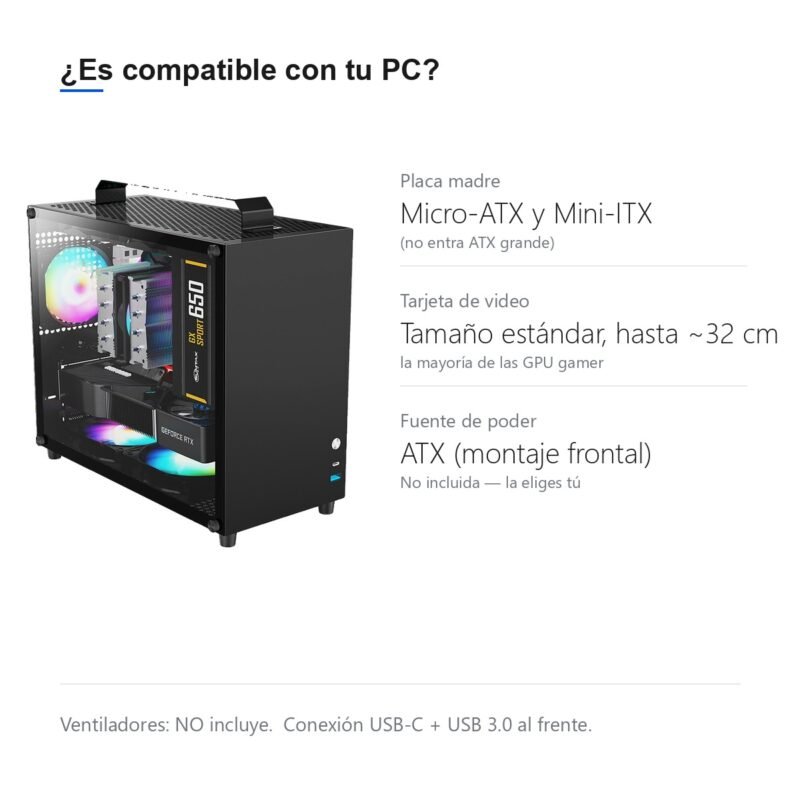 Gabinete Gamer Compacto de Aluminio Doble Vidrio Templado USB-C