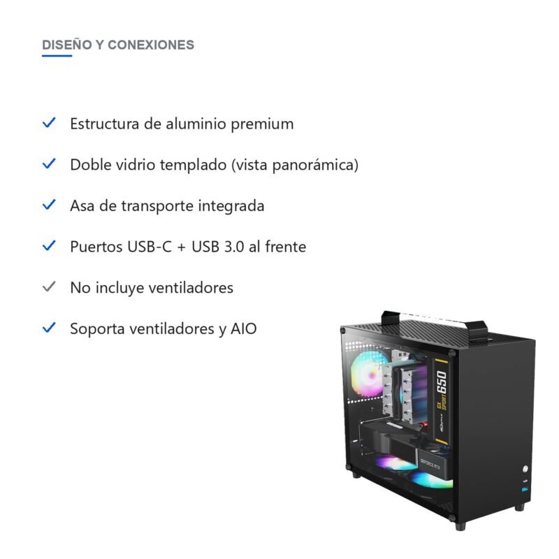 Gabinete Gamer Compacto de Aluminio Doble Vidrio Templado USB-C