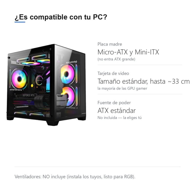 Gabinete Gamer Panorámico Cubo de Vidrio Templado Micro-ATX