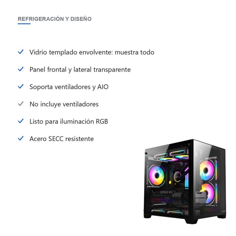 Gabinete Gamer Panorámico Cubo de Vidrio Templado Micro-ATX