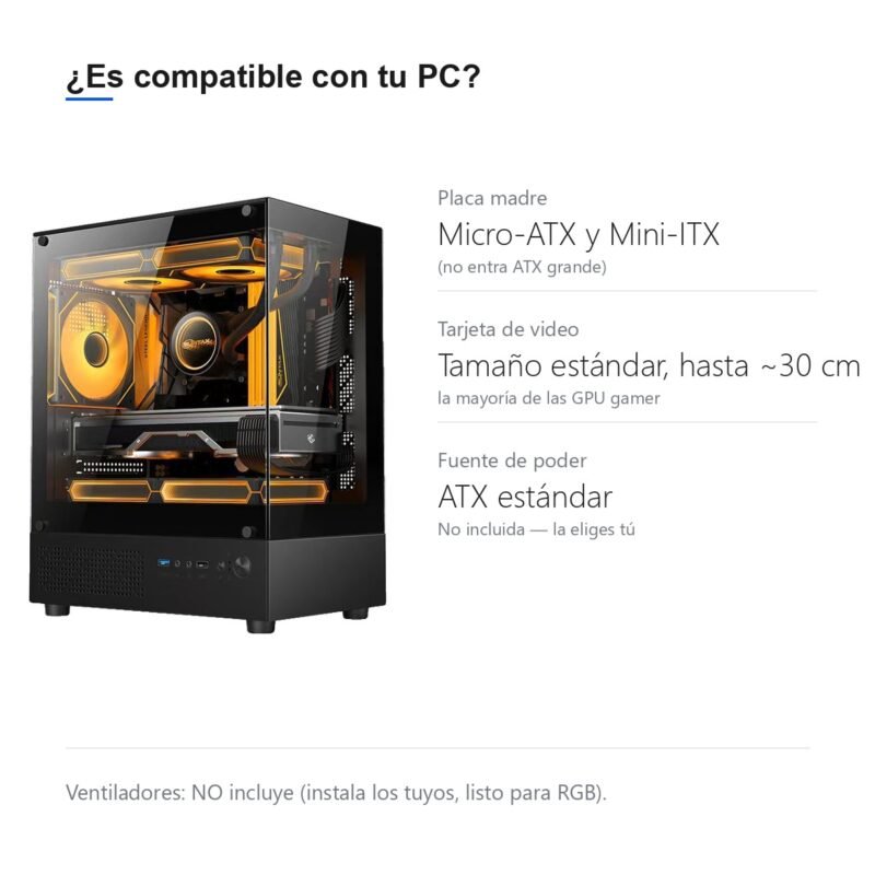 Gabinete PC Gamer Mini Torre de Vidrio Templado USB 3.0