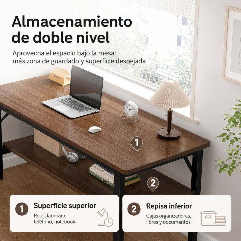 Escritorio Angosto de Doble Nivel con Repisa Inferior · 120×40×75 cm