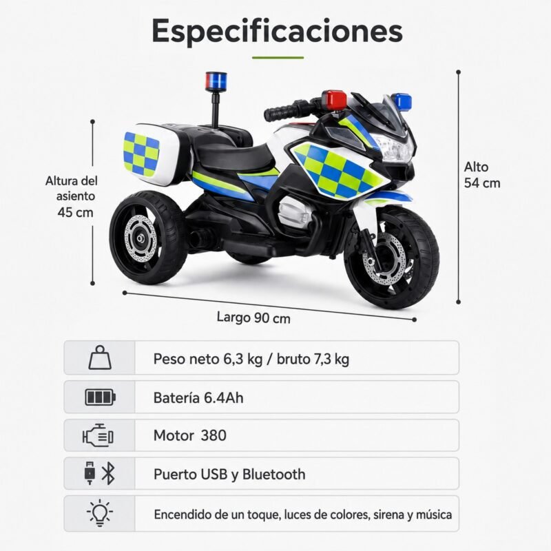 Moto Eléctrica Montable para Niños · Patrulla Verde con Control Remoto y Música