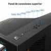 Panel de conexiones superior: encendido, reinicio, auriculares, micrófono, 2 USB 2.0 y USB 3.0