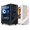 El gabinete en blanco y en negro, ambos armados con iluminación RGB visible a través del vidrio lateral