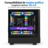Compatibilidad de tarjeta gráfica: longitud máxima 305 mm; los ventiladores inferiores dirigen aire hacia la tarjeta