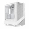 Gabinete PC gamer Micro-ATX blanco con frente de rejillas verticales y panel lateral de vidrio templado, interior vacío