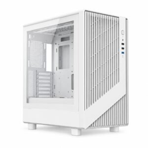 Gabinete PC gamer Micro-ATX blanco con frente de rejillas verticales y panel lateral de vidrio templado, interior vacío