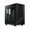 Gabinete PC gamer Micro-ATX negro con frente de rejillas verticales y panel lateral de vidrio templado, interior vacío