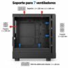Soporte para 7 ventiladores: 2 de 120 o 140 mm arriba, 2 de 120 mm al frente, 1 de 120 mm atrás y 2 de 120 mm sobre la cubierta de la fuente