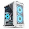 Gabinete Micro-ATX blanco con componentes e iluminación azul, frente de malla y panel transparente