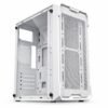 Gabinete PC gamer Micro-ATX blanco con frente de malla y panel lateral transparente, interior vacío