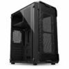 Gabinete PC gamer Micro-ATX negro con frente de malla y panel lateral transparente, interior vacío