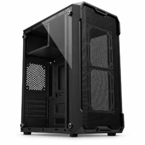 Gabinete PC gamer Micro-ATX negro con frente de malla y panel lateral transparente, interior vacío