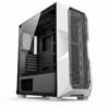Gabinete gamer torre ATX blanco con frente geométrico de malla y panel lateral de vidrio templado