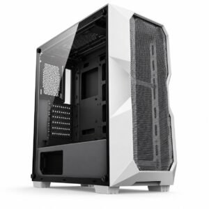 Gabinete gamer torre ATX blanco con frente geométrico de malla y panel lateral de vidrio templado