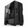 Gabinete gamer torre ATX negro con frente geométrico de malla y panel lateral de vidrio templado