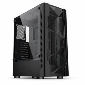 Gabinete gamer torre ATX negro con frente de malla y panel lateral de vidrio templado