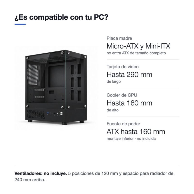 Gabinete PC Gamer Mini Torre Micro-ATX Panorámico 270° con Vidrio Templado y USB 3.0