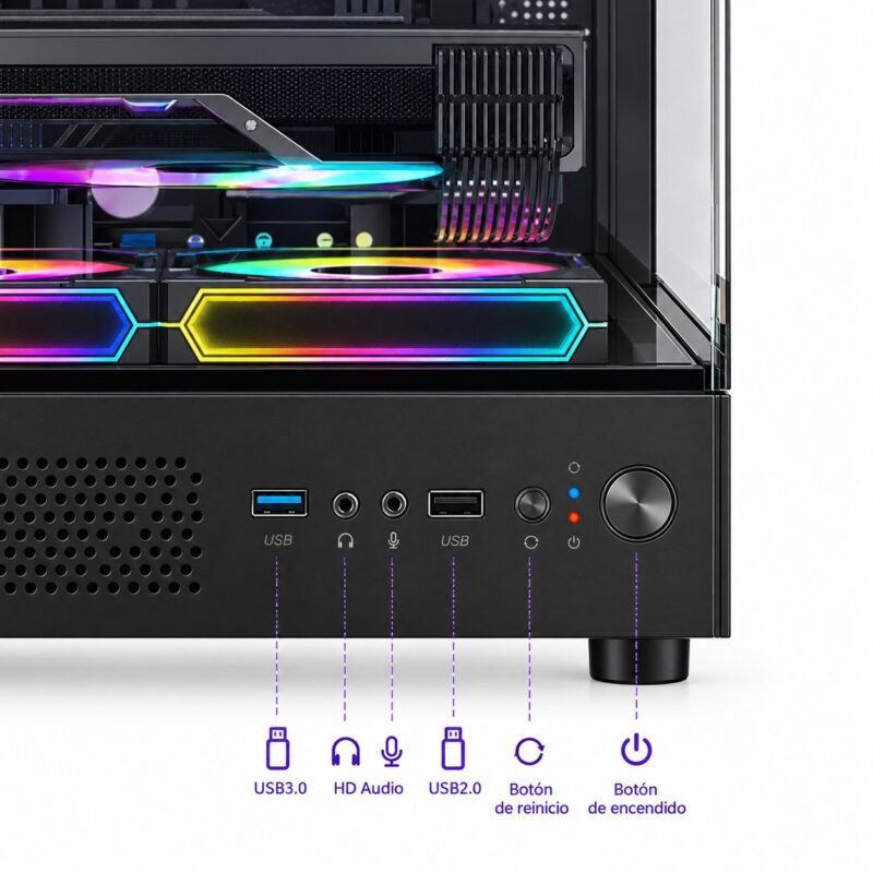 Gabinete PC Gamer Mini Torre Micro-ATX Panorámico 270° con Vidrio Templado y USB 3.0