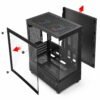Despiece: panel de vidrio con tornillos manuales, tapa superior con malla y panel lateral metálico