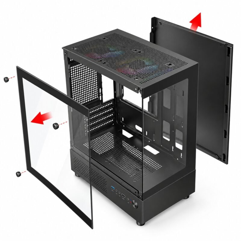 Gabinete PC Gamer Mini Torre Micro-ATX Panorámico 270° con Vidrio Templado y USB 3.0