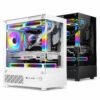 Gabinete mini torre en blanco y negro con componentes e iluminación RGB, vista panorámica de 270°
