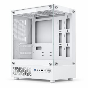 Gabinete PC gamer mini torre blanco con vidrio templado al frente y al lado, interior vacío