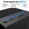 Panel superior con USB 3.0, dos USB 2.0, audio y control de ventiladores