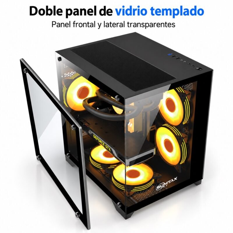 Gabinete PC Gamer Panorámico Mini Torre Micro-ATX con Doble Vidrio Templado y USB 3.0