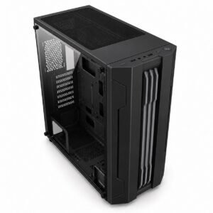 Gabinete gamer torre ATX negro con tira de luz RGB frontal y panel lateral transparente