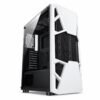 Gabinete gamer torre ATX blanco con frente de malla y panel lateral transparente