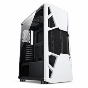 Gabinete gamer torre ATX blanco con frente de malla y panel lateral transparente