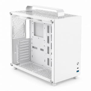 Gabinete gamer compacto blanco con asa, vidrio templado y USB-C, interior vacío